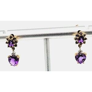 10Kt Yellow Gold Amethyst Gemstone Purple Drop Earrings Oval Heart Sparkly!